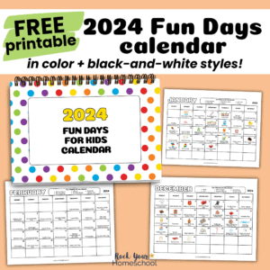 Free 2024 fun days calendar with cover and examples in color and black-and-white styles.