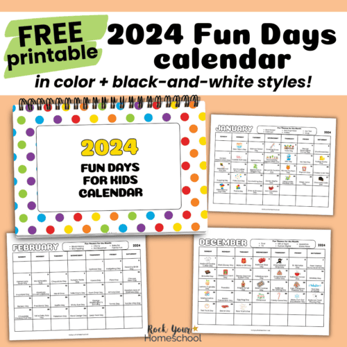 Free 2024 fun days calendar with cover and examples in color and black-and-white styles.