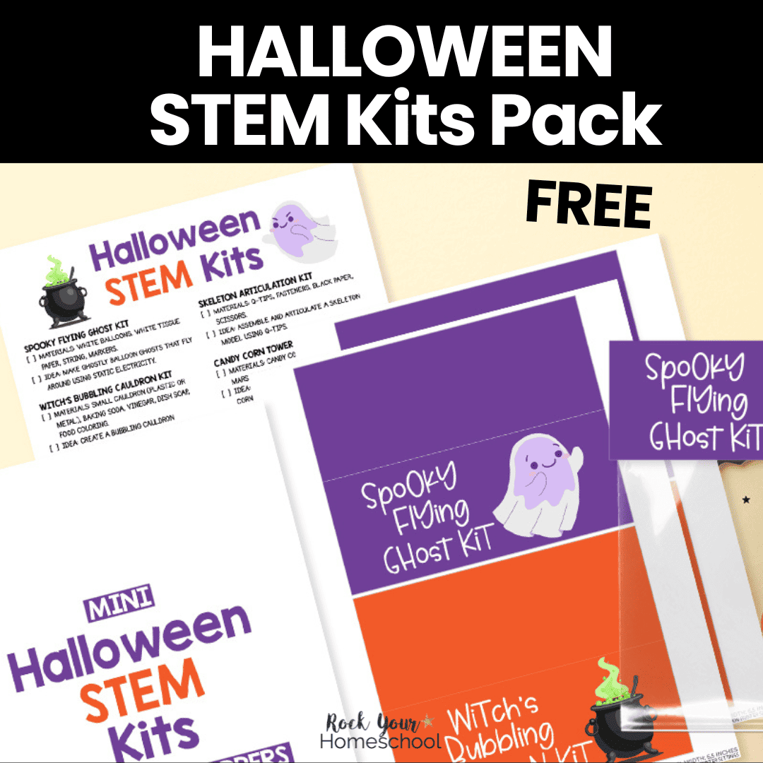 Free printable pages for Halloween STEM activities for kids with creative ideas list and bag toppers.