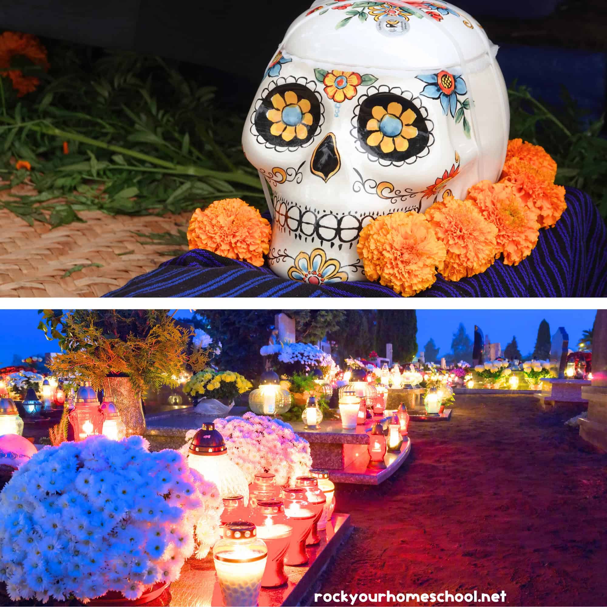 Candles and flowers and Dia de Los Muertos sign with sugar skull to feature these Halloween around the world ideas.