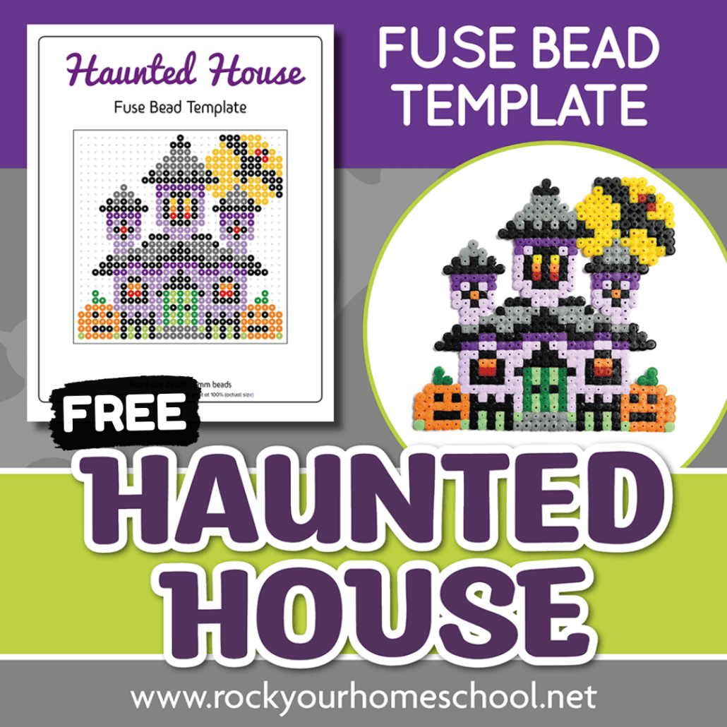 Free printable Halloween perler bead patterns of haunted house.