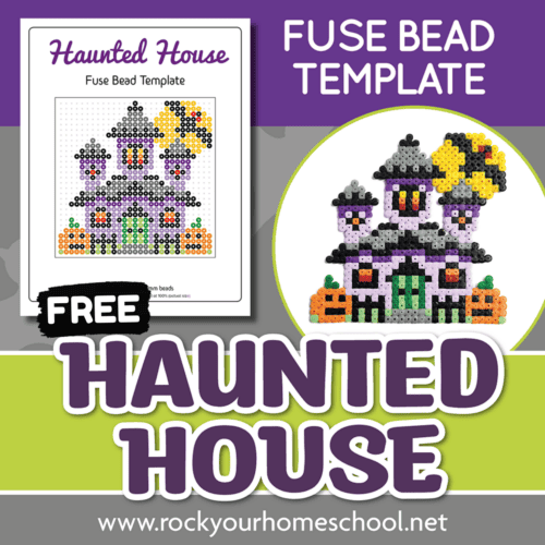 Free printable Halloween perler bead patterns of haunted house.