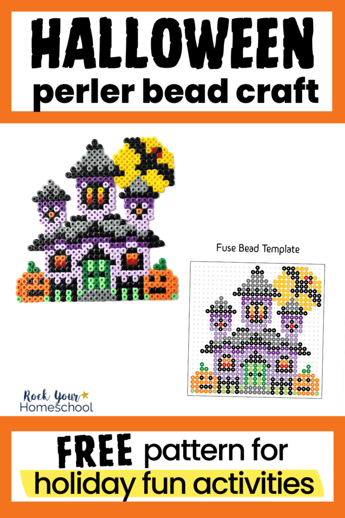Example of haunted house perler bead craft and free printable Halloween perler beads template.