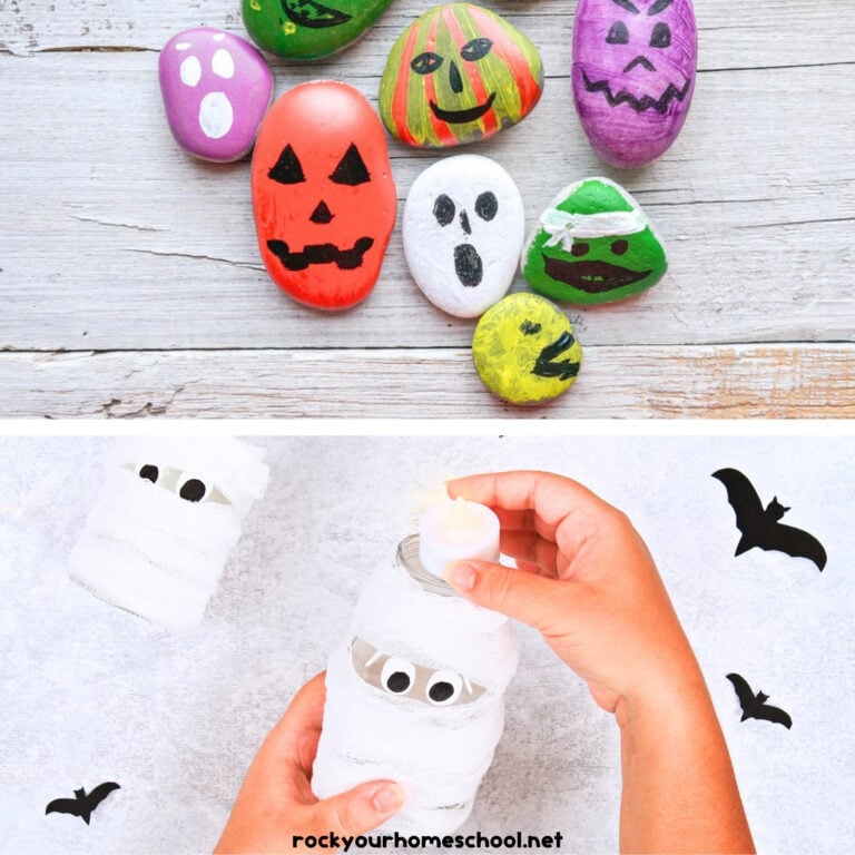 Examples of Halloween themed painted rocks and child making mummy craft to feature these easy Halloween crafts for kids.