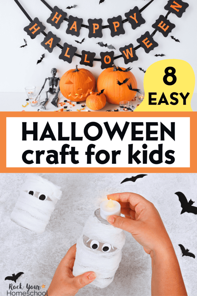 Happy Halloween banner with pumpkins and decor and child making ghost lantern.