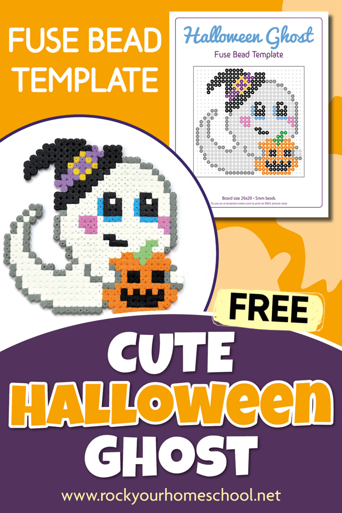 Free printable Halloween ghost perler bead template and example.