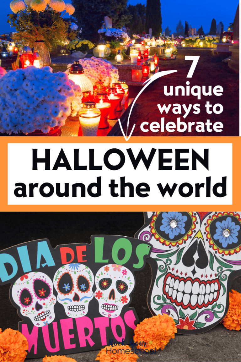 Candles and flowers and Dia de Los Muertos sign with sugar skull to feature these Halloween around the world ideas.