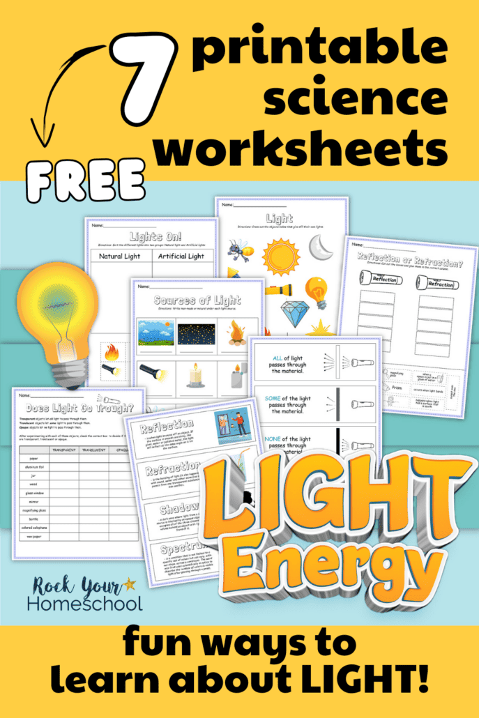7 free printable light worksheets for kids with lightbulb.