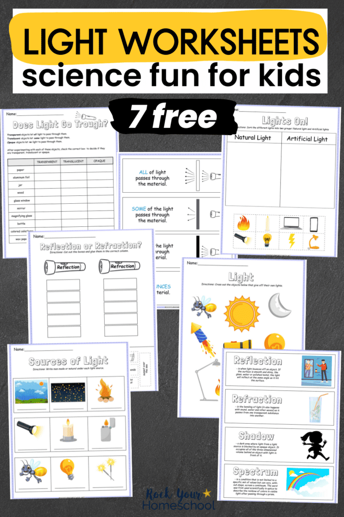 7 free printable light worksheets for kids on black chalkboard background.