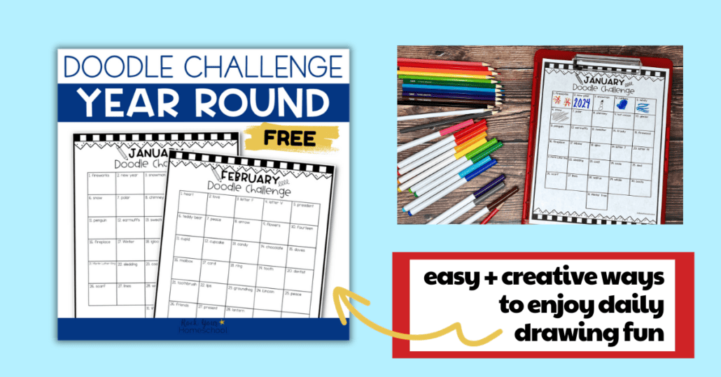 Printable doodle challenge for year round drawing fun and example of January on red clipboard.