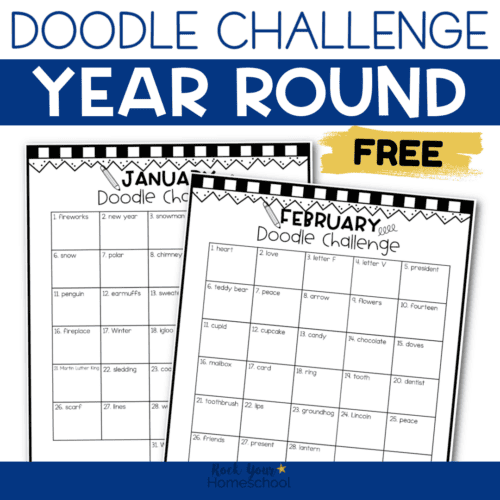 January and February examples of this free printable doodle challenge pack.