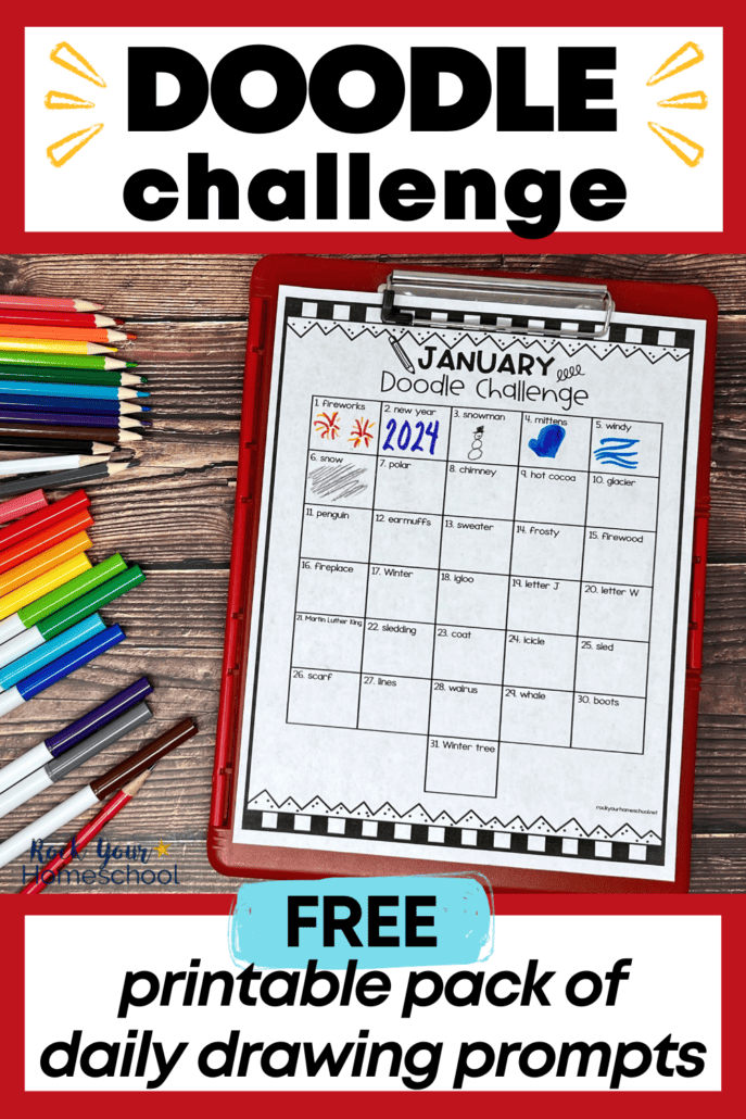 Example of free printable doodle challenge with January page on red clipboard and pencil, color pencils, and markers.