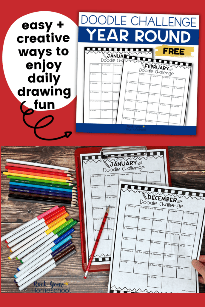 Free printable doodle challenge for year round drawing fun and woman holding examples of December and January with pencil and coloring tools.