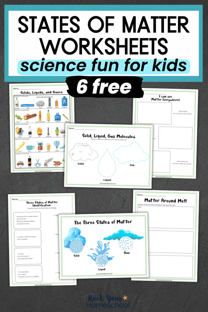 6 free printable states of matter worksheets for kids on black chalkboard background.