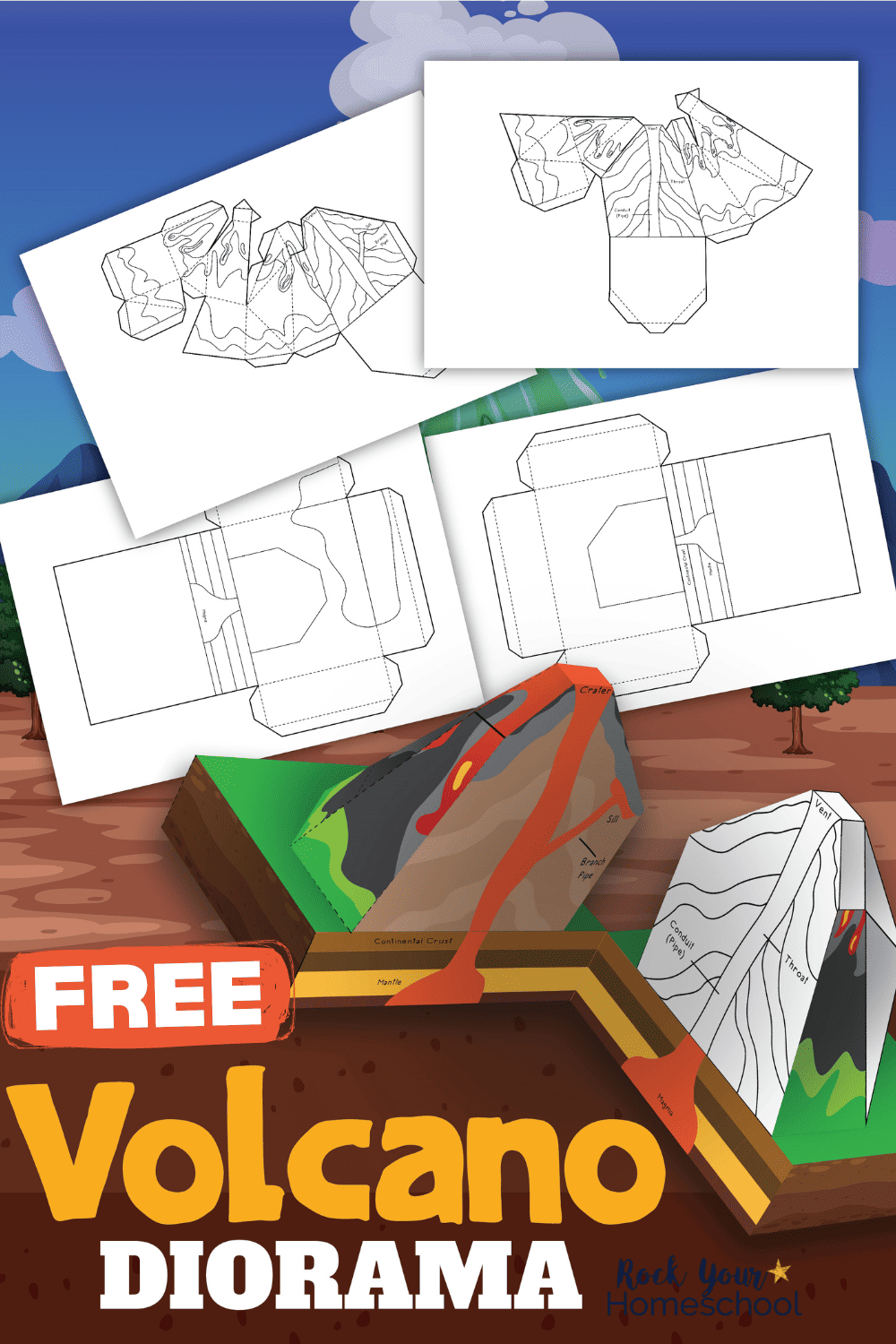 Mock-up of free printable volcano diorama kit.