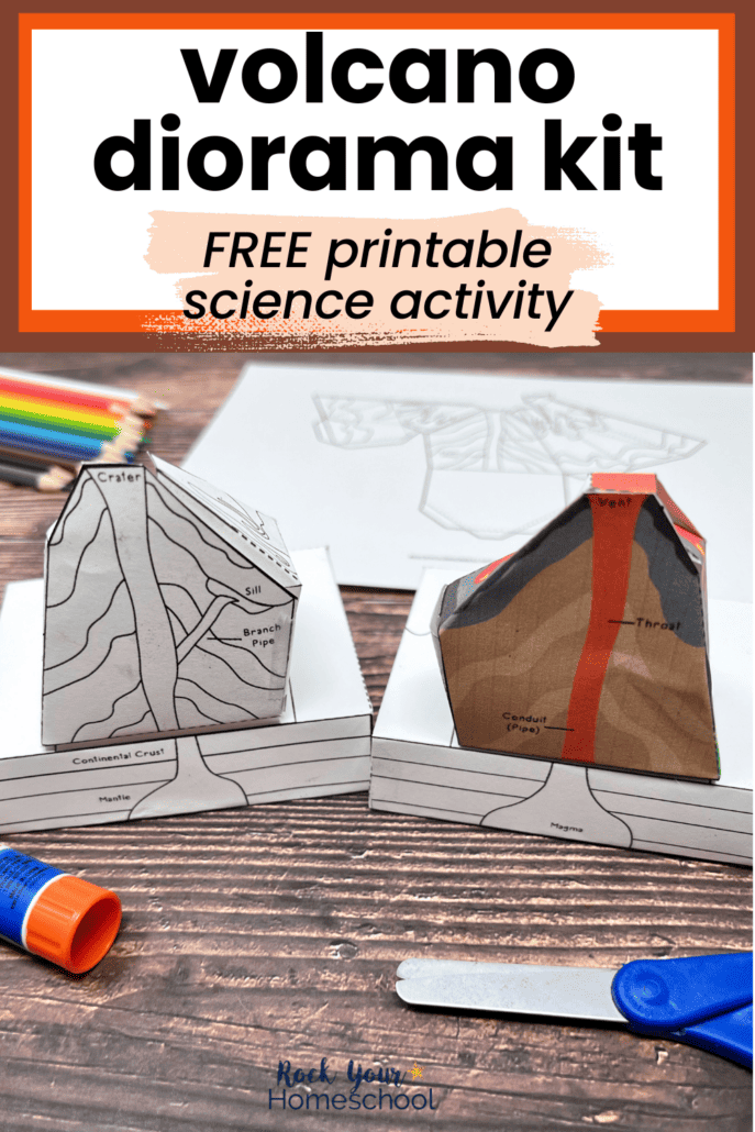 Example of free printable volcano diorama kit with glue stick, scissors, and color pencils.