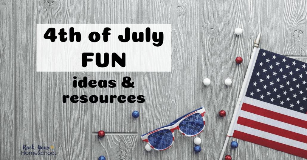 4th of July fun activities with United States of America flag, sunglasses, and red, white, and blue beads.