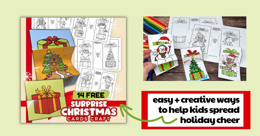 Examples of 14 free printable Christmas cards for kids with special surprises.