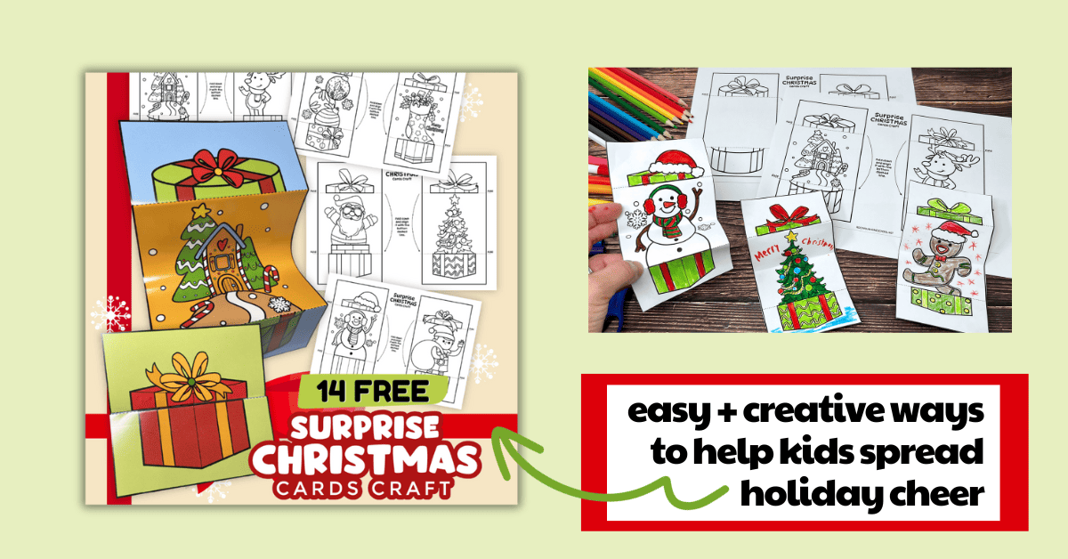 Examples of Christmas Card printables for kids with special surprises. Text overlay says "easy + creative ways to help kids spread holiday cheer"
