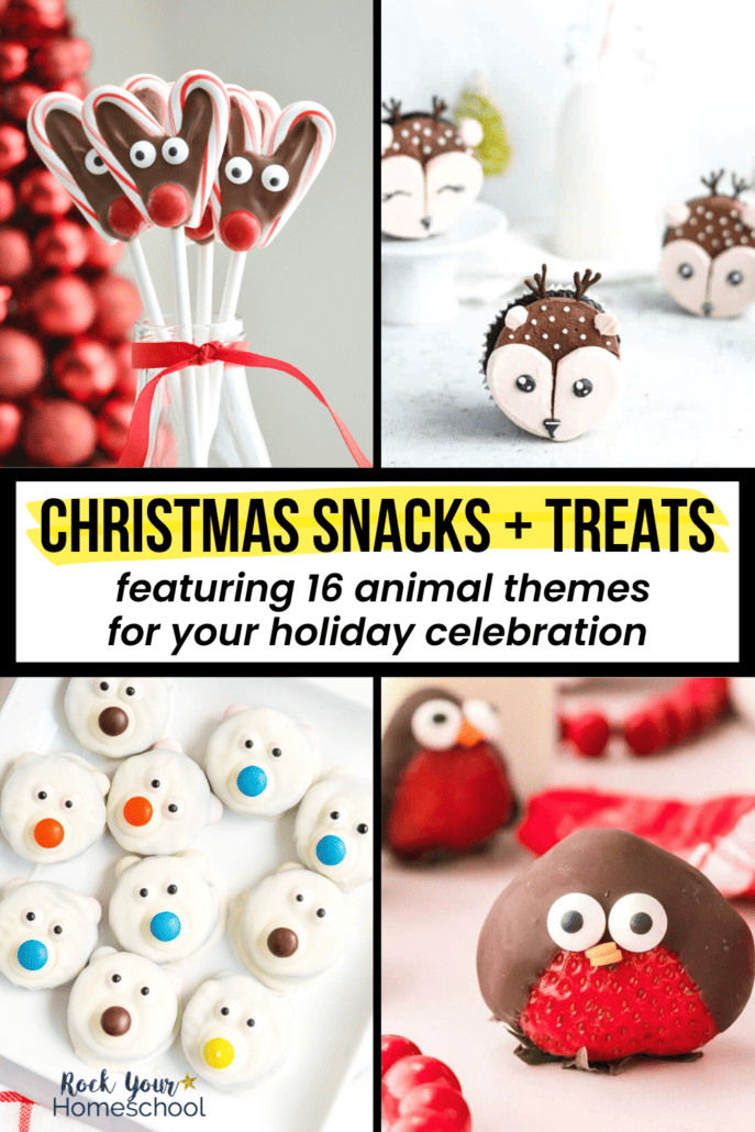 4 different examples of Christmas snacks for kids with animal themes.