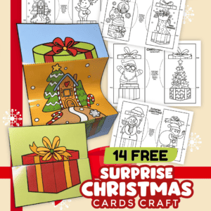 Color and black-and-white examples of 14 free Christmas surprise cards.
