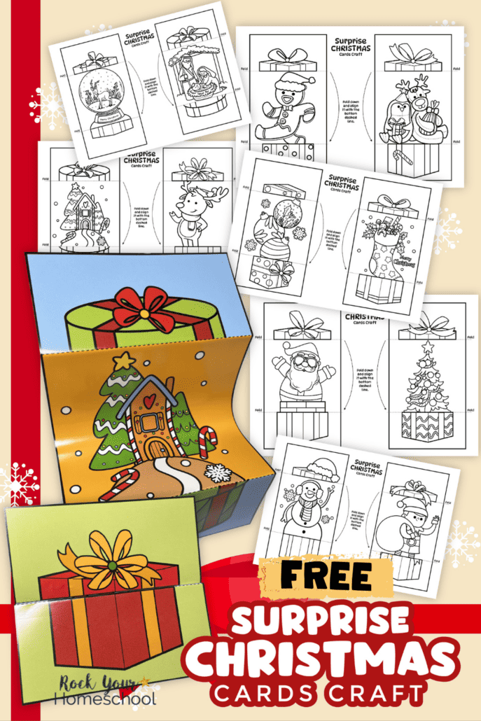 Free printable pages of Christmas cards for kids with fun surprises.