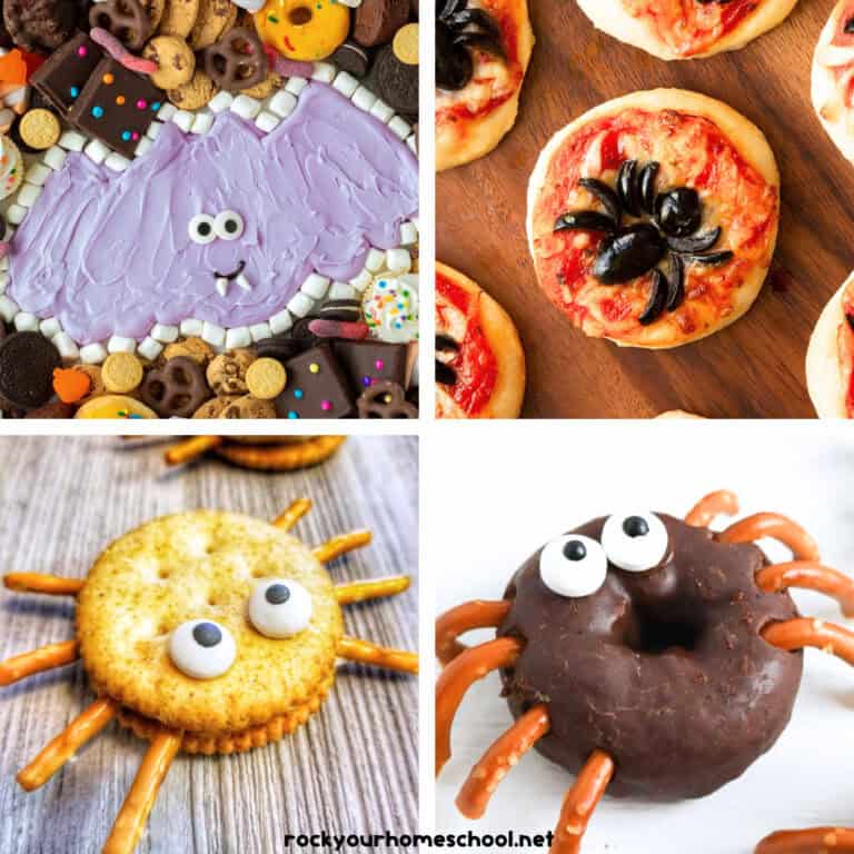 Examples of Halloween snacks for kids in animal themes of bat and spider for holiday fun.