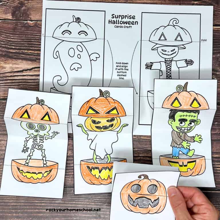 Examples of Halloween surprise cards to color.