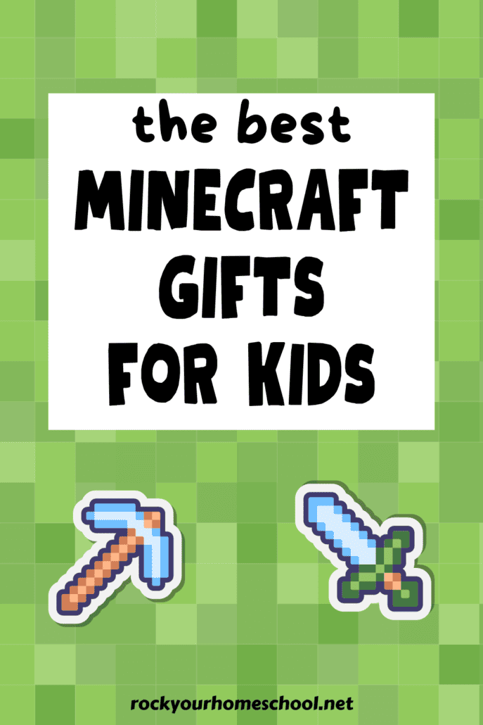 Light green blocks and Minecraft diamond pick axe and sword to feature these Minecraft gifts for kids.