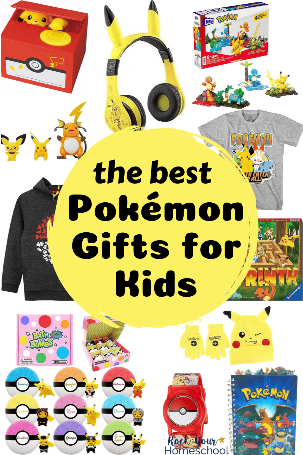 Variety of Pokémon gifts including headphones, games, toys, and clothes.