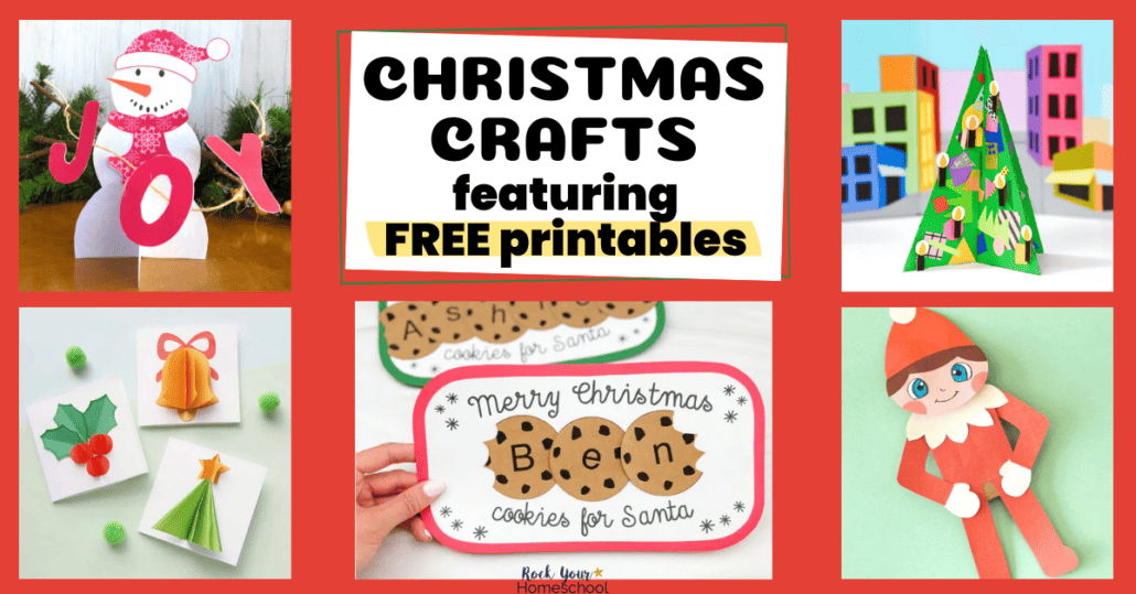 5 free printable Christmas crafts featuring snowman, Christmas tree, 3D cards, cookies, and elf.