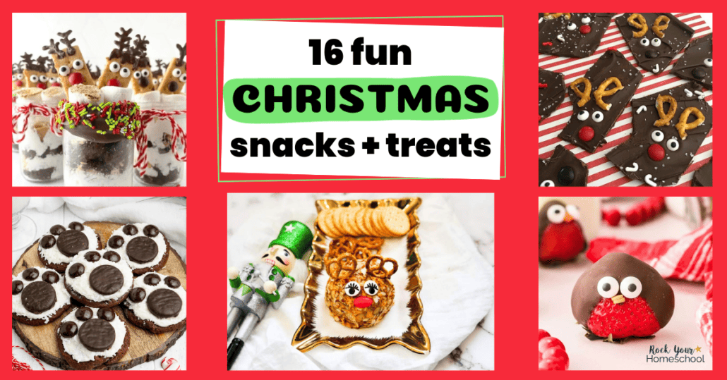 Variety of Christmas snacks for kids with animal themes.