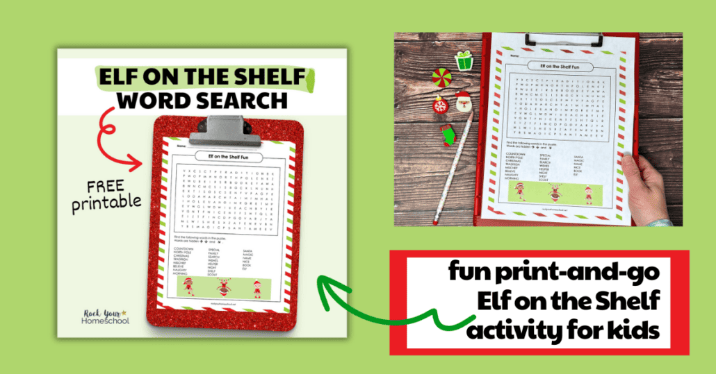 Example of free printable elf on the shelf word search activity.