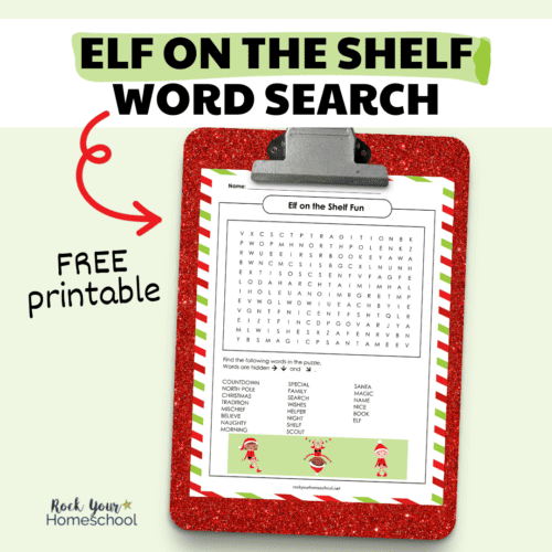 Free printable elf on shelf word search on red glitter clipboard.