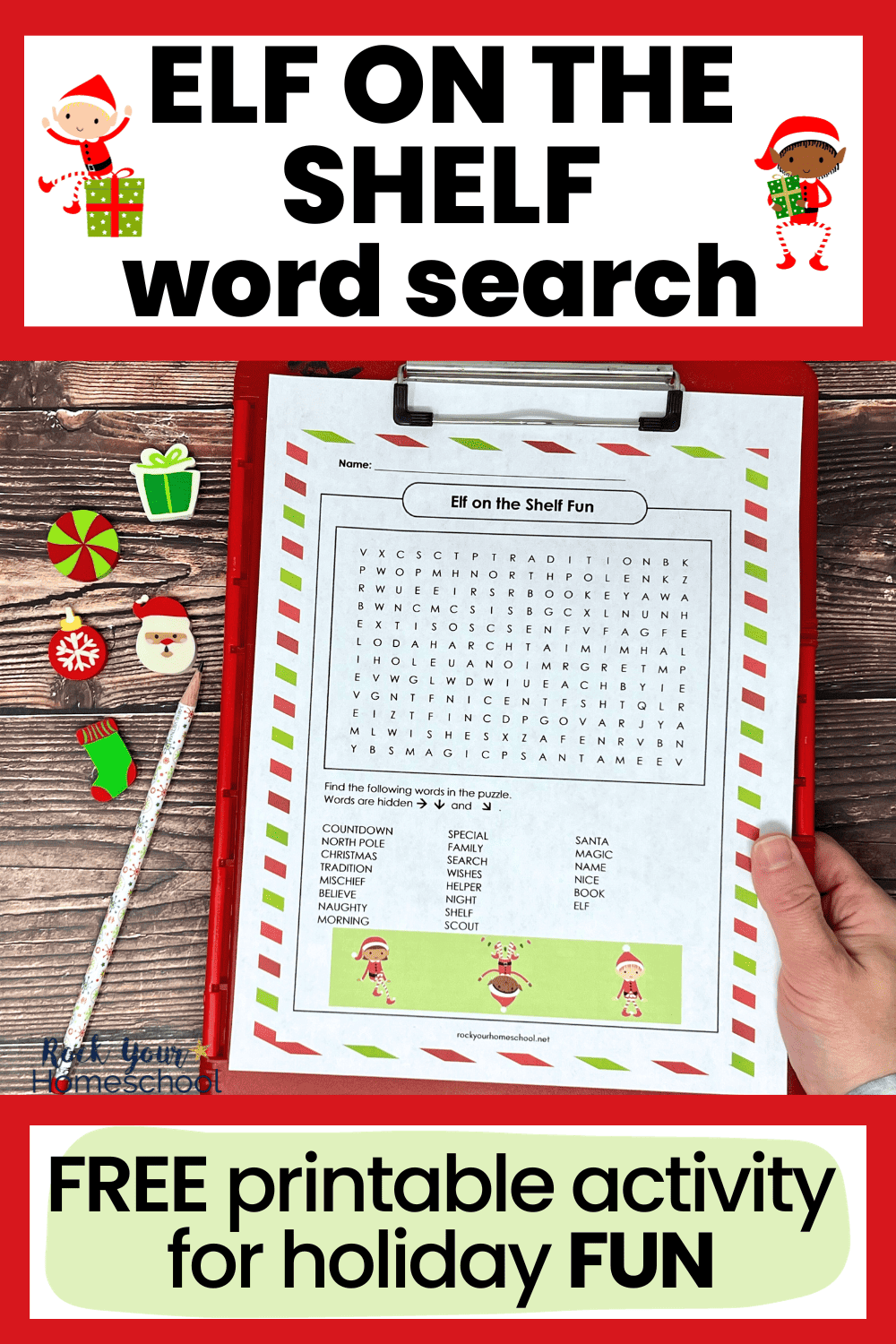 Woman holding red clipboard with free printable elf on the shelf word search activity.
