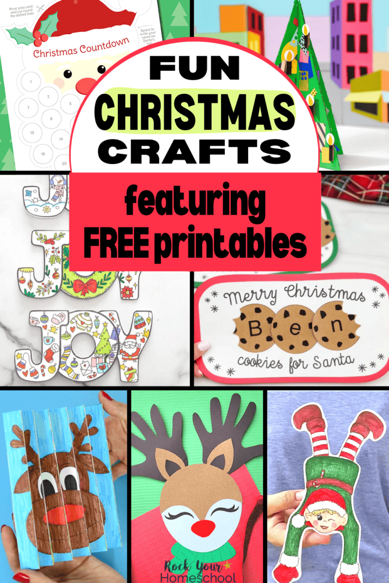 7 different free printable Christmas crafts featuring Santa, Christmas tree, JOY, cookies, reindeer, and elf.