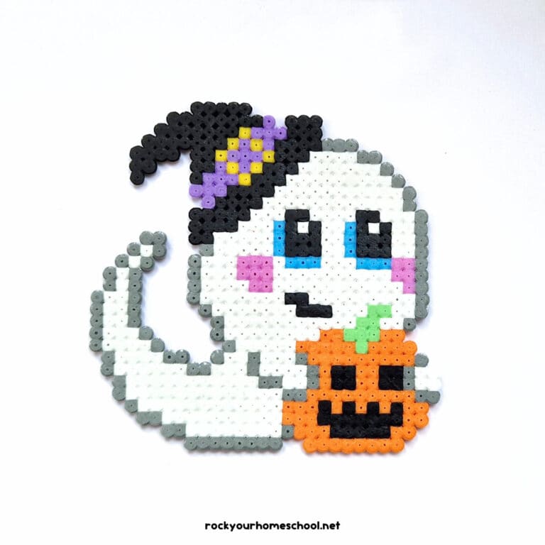 Example of cute ghost perler bead craft for Halloween fun with kids.