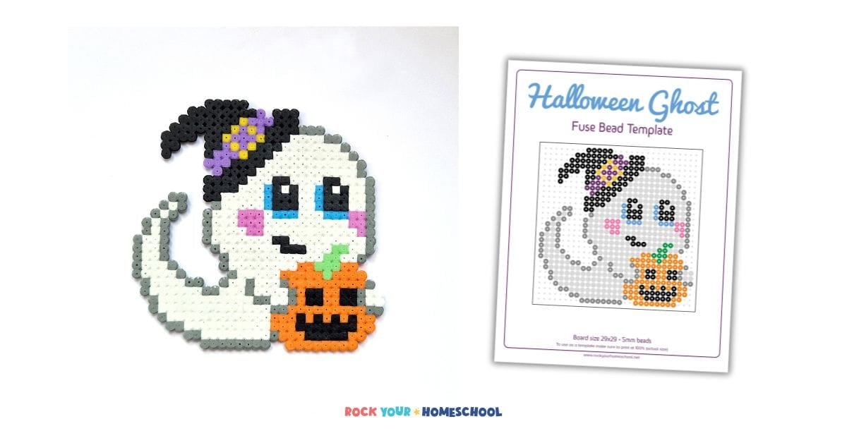 Example of ghost perler bead craft with free printable pattern.