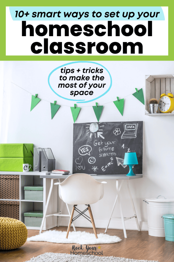 Example of a homeschool classroom with simple desk and chair, decorations, clock, and storage.