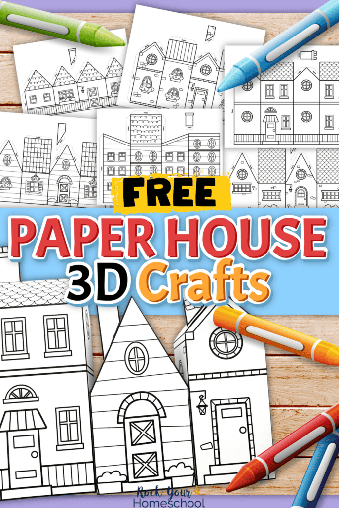 Examples of free printable 3D paper house templates with crayons.