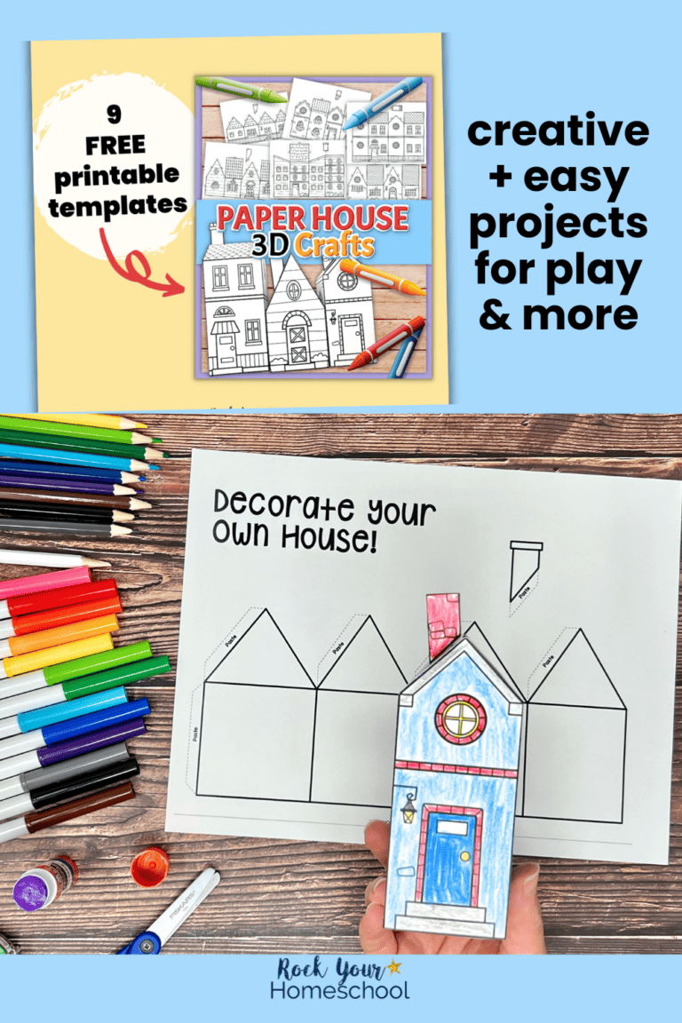 Woman holding example of free printable 3D paper house and templates.