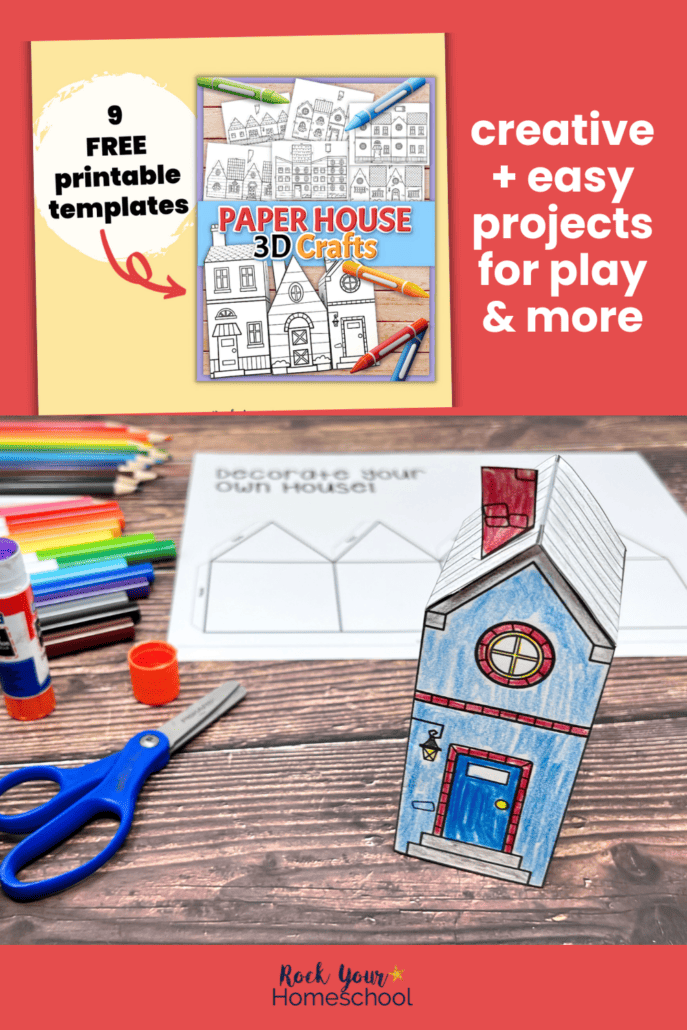 Examples of free printable 3D paper house templates and completed colored project with color pencils, markers, scissors, and glue stick.