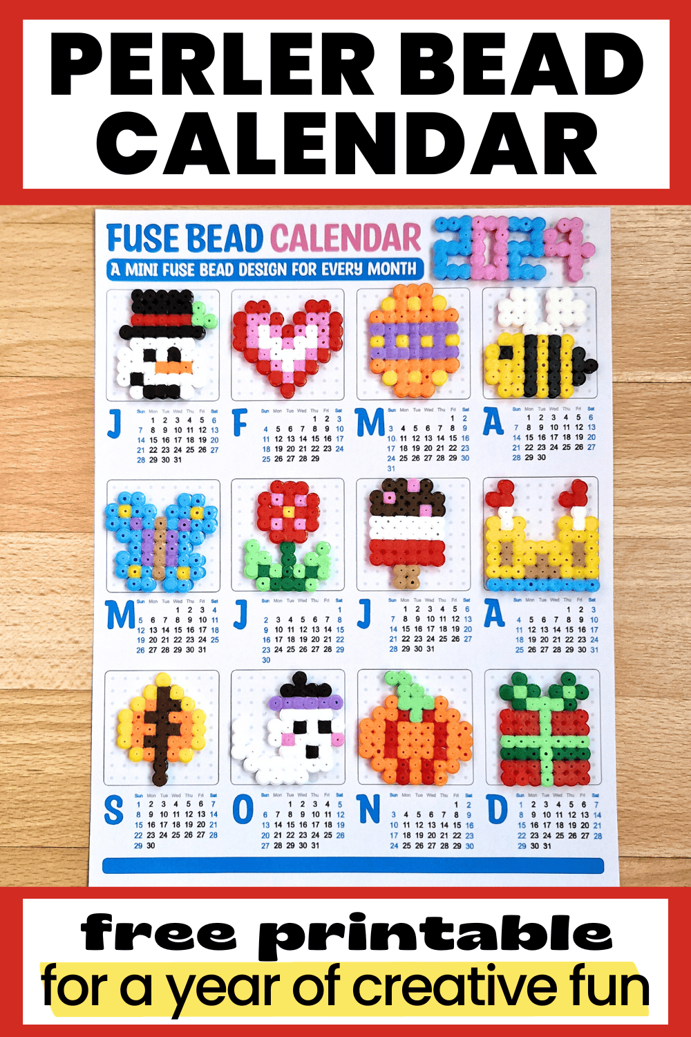 Perler bead calendar for 2024 with examples of the crafts for each month.