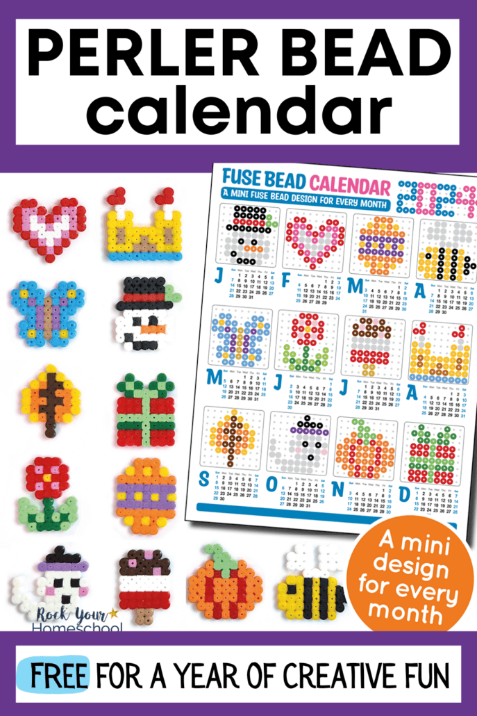 Example of free printable perler bead calendar for kids with 12 crafts for each month of the year.