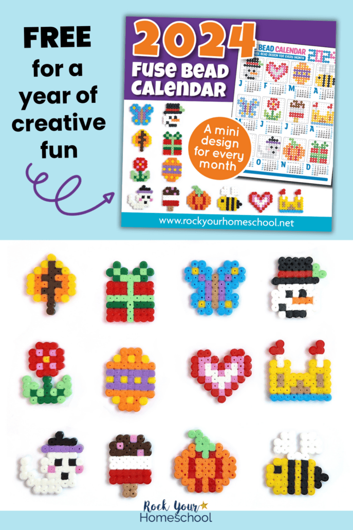 Example of free printable perler bead calendar for kids with patterns and 12 mini-designs for each month of the year.