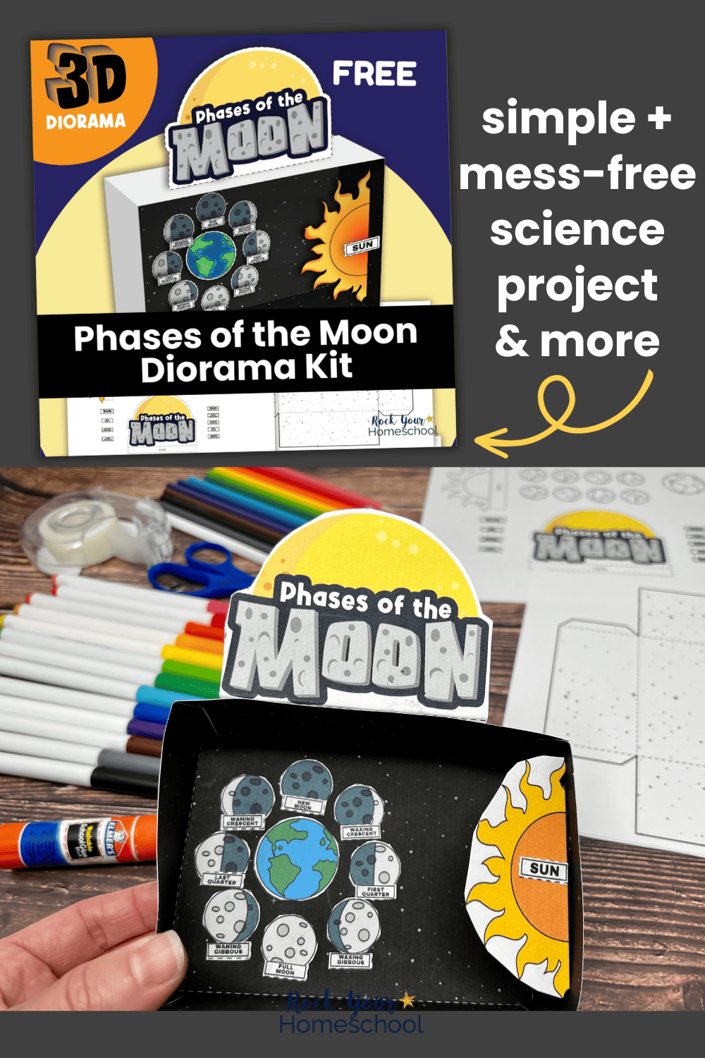 Woman holding example of free phases of the moon printables diorama kit.