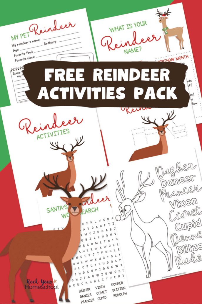 Examples of free activity pack of reindeer printables.