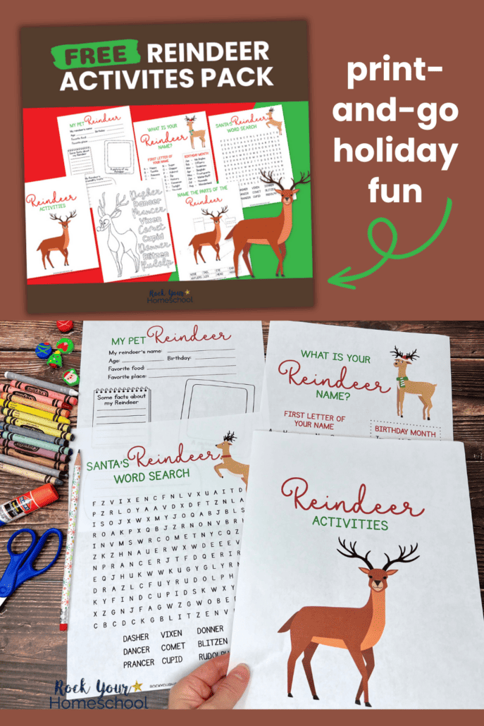 Woman holding reindeer printables pack cover and examples of activities in background.