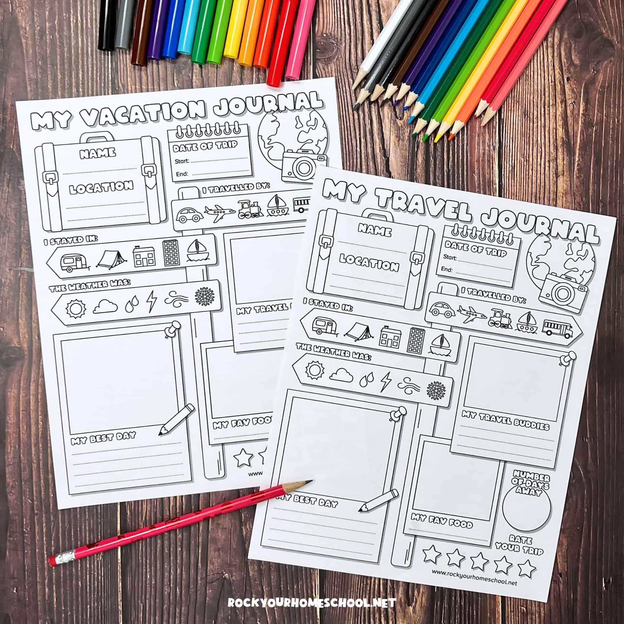 Example of free printable vacation and travel journal for kids pages with markers and color pencils.
