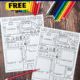 Examples of 2 free printable vacation and travel journal pages for kids with color pencils and markers.